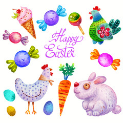 Cut Watercolor Happy Easter set, Colored eggs,Ice cream,candy,sweets,cock,Carrot,chicken,rabbit isolated on a white background.Colorful Vintage watercolor illustration