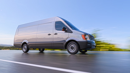 Fototapeta na wymiar Gray Commercial Van on Highway Motion Blurred 3d Illustration