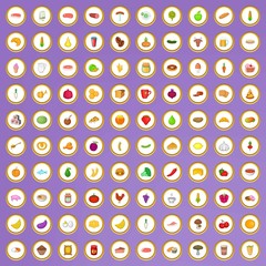 100 fresh food icons set in cartoon style