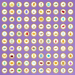 100 goods storage icons set in cartoon style