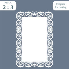 Greeting card with openwork border,  rectangular paper doily, template for cutting, wedding invitation, decorative plate is laser cut, frame with lace edge, vector illustrations.
