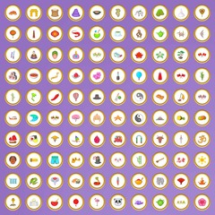 100 oriental trip icons set in cartoon style