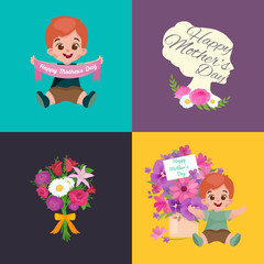 Set of Happy mothers day cards with greeting text and kids, baby boy and girl with bouqkuet of flowers in flat style, lettering mom celebration poster background design vector illustration