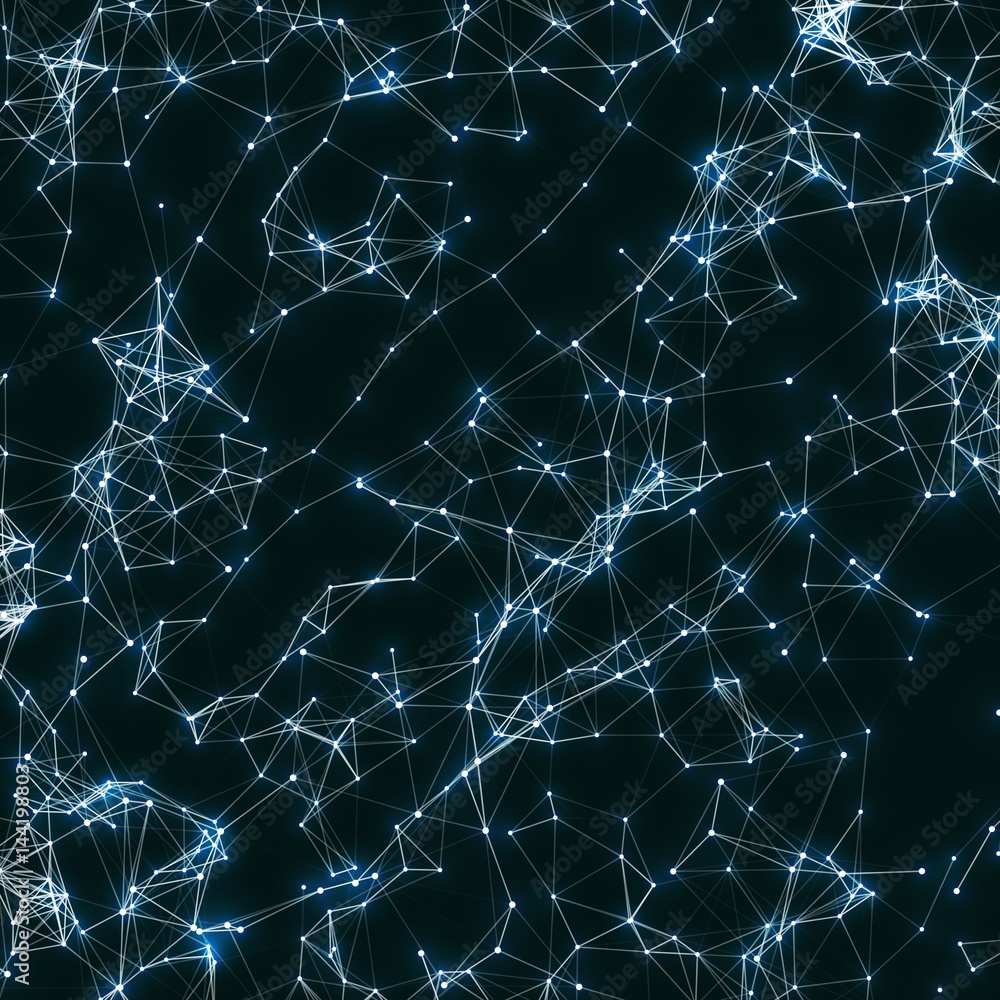 Poster abstract vector mesh background. chaotically connected points and polygons flying in space. flying d