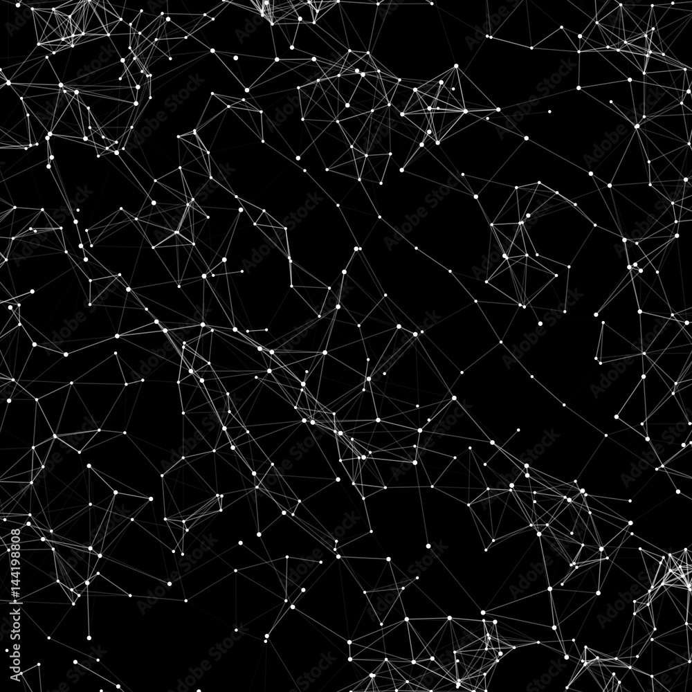Poster abstract vector mesh background. chaotically connected points and polygons flying in space. flying d