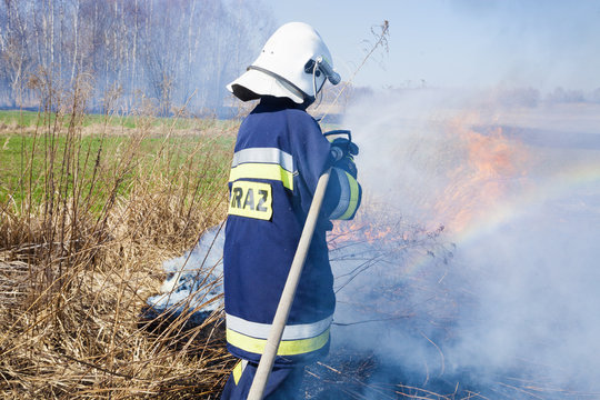 Firefighter fights grass fires. Polish firefighter.