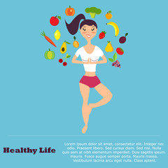 Healthy eating  concept with flat images fruits, vegetables and  girl doing yoga