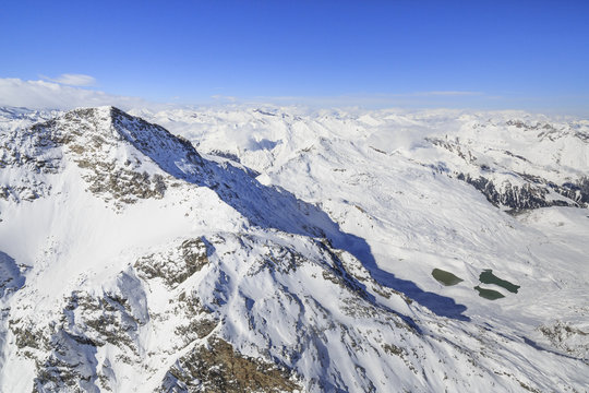 Aerial view of Peak Tamb&Atilde;&sup2; covered with snow Spluga Valley Chiavenna Valtellina Lombardy Italy Europe