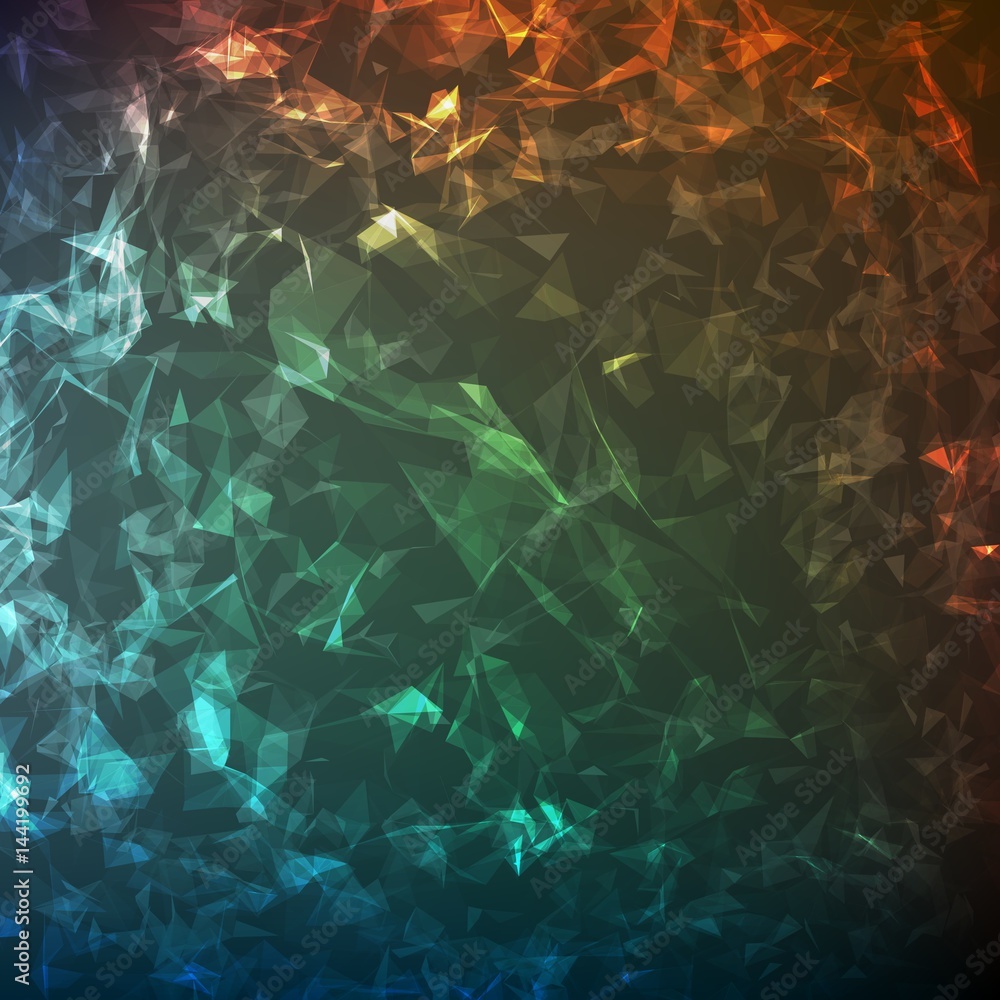 Poster abstract vector mesh background. chaotically connected points and polygons flying in space. flying d