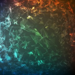 Abstract vector mesh background. Chaotically connected points and polygons flying in space. Flying debris. Futuristic technology style card. Lines, points, circles and planes. Futuristic design.