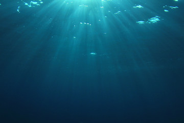 Fototapeta premium Underwater blue ocean background with sunlight 