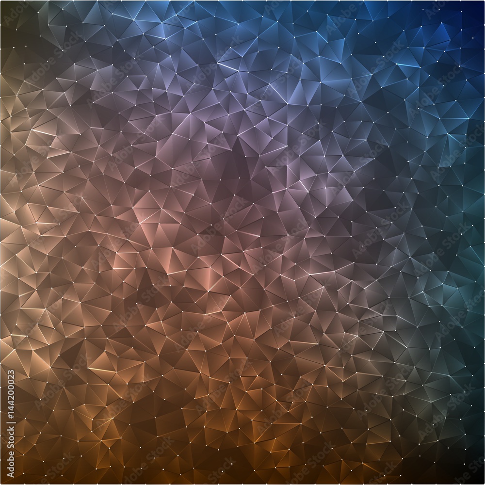 Poster abstract vector mesh background. chaotically connected points and polygons flying in space. flying d