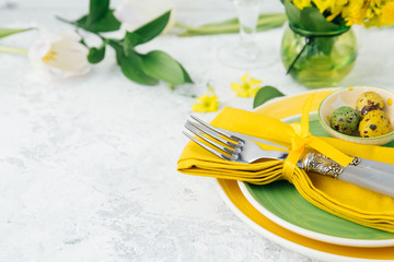 Fototapeta na wymiar Summer Table Setting with Yellow Napkin. Festive Table 