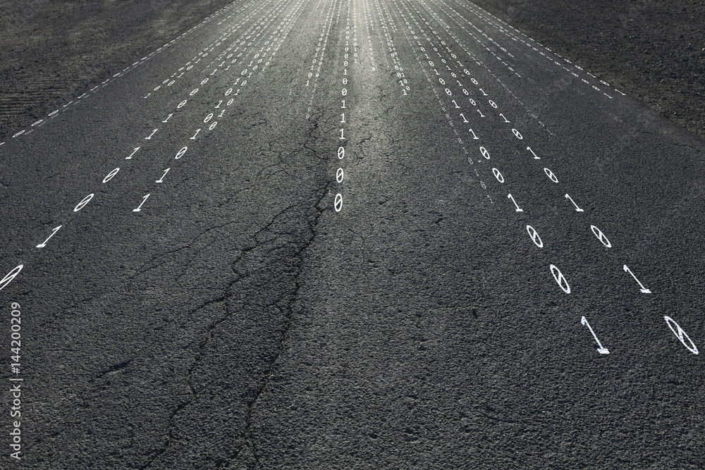 Poster concept binary code numbers travel information on black textured sunny asphalt road. conceptual info