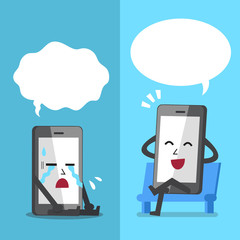 Vector cartoon smartphone expressing different emotions with white speech bubbles