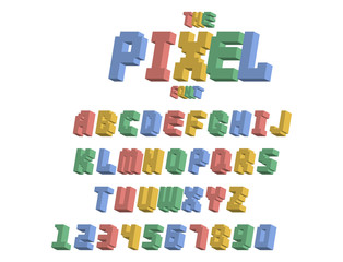 Pixel retro font video computer game design 8 bit letters numbers electronic futuristic style vector abc typeface digital creative alphabet isolated