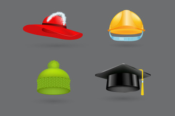 Different kind of fashion hat modern elegance cap and textile accessories clothes vector illustration