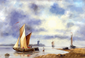 Сlassic oil paintings.Sea landscape.Fisherman and boat. Digital art.