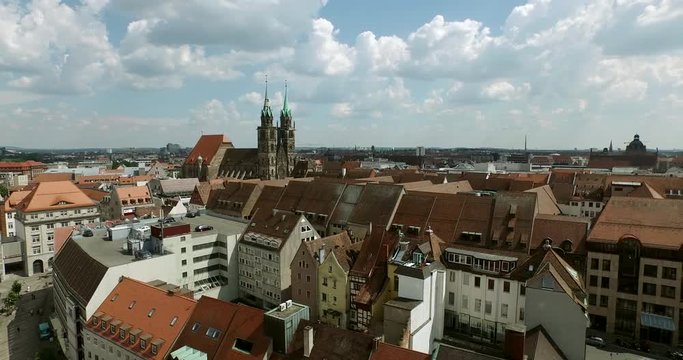 Summer Day in Nuremberg. Starting at the Lorenzkirche in the old town, the camera flies out all over Nürnberg, Germany.
