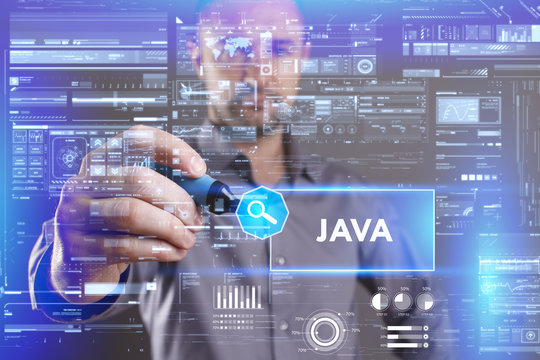 Business, Technology, Internet and network concept. Young businessman working on a virtual screen of the future and sees the inscription: Java