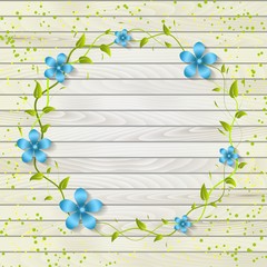 Wedding invitation and announcement card with floral elements on wooden background. Elegant ornate floral elements. Design template.