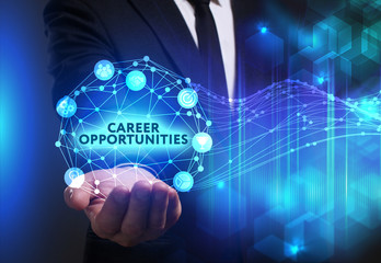 Business, Technology, Internet and network concept. Young businessman working on a virtual screen of the future and sees the inscription: Career opportunities