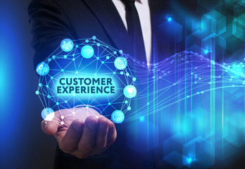Business, Technology, Internet and network concept. Young businessman working on a virtual screen of the future and sees the inscription: Customer experience