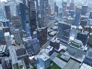 Fototapeta premium Aerial view of modern city, city from bird's eye view, view from top to city, 3d rendering 