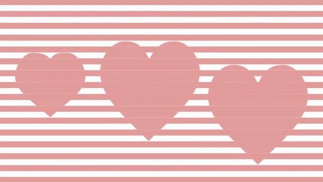 Pink hearts on stripped pink background, appearing and disappearing, optical illusion, love symbols for Valentine day or Mother's day celebration, animated banner background