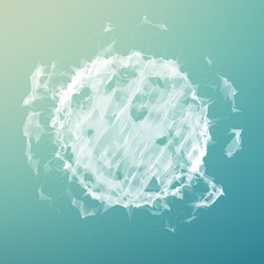 Abstract vector polygonal corrupted cyber sphere. Triangle spherical mesh background. Futuristic 3D illuminated distorted sphere of glowing particles and polygons. Digital splash. UI or HUD element.