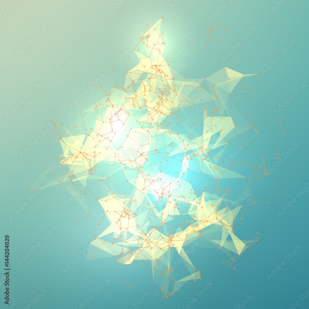 Poster abstract vector mesh background. chaotically connected points and polygons flying in space. flying d