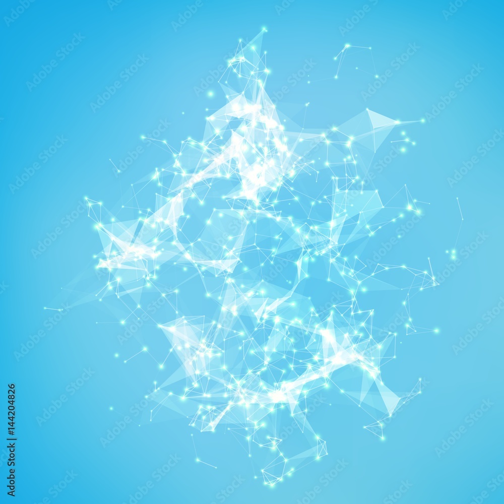 Poster abstract vector mesh background. chaotically connected points and polygons flying in space. flying d