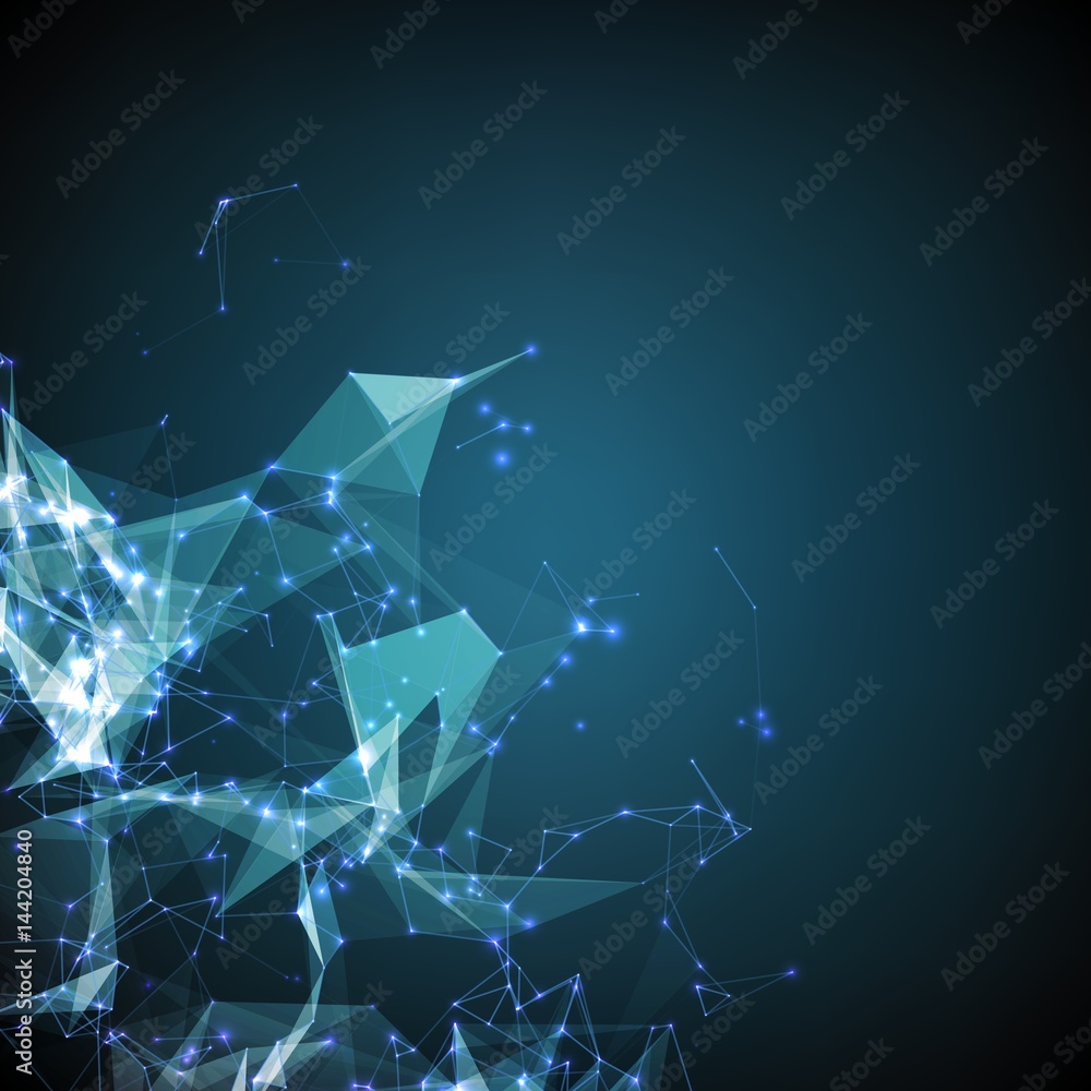 Poster abstract vector mesh background. chaotically connected points and polygons flying in space. flying d