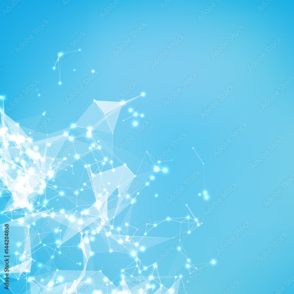 Poster abstract vector mesh background. chaotically connected points and polygons flying in space. flying d