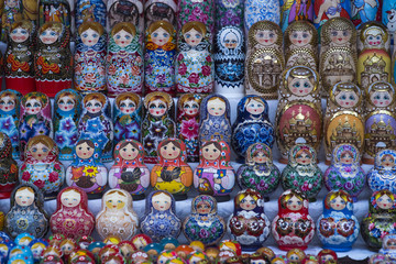 Beautiful colourful wooden dolls matryoshka at market. Matryoshka dolls is folks cultural symbol of Russia