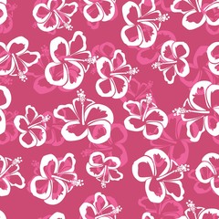 Nahtoser Hintergrund mit Muster aus pinken und weissen Hibiskus Blüten