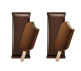 Vector Set of Bitten Popsicle Choc-ice Lollipop Ice Cream in Chocolate Glaze on Stick with Filling with Brown Plastic Foil Wrapper for Branding Package Design Close up Isolated on Background