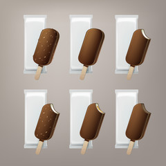 Vector Set of Bitten Popsicle Choc-ice Lollipop Ice Cream in Chocolate Glaze on Stick with Filling and Nuts with White Plastic Foil Wrapper for Branding Package Design Close up Isolated on Background