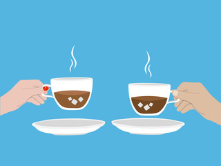 Two cups of Coffee with man hand with woman hand