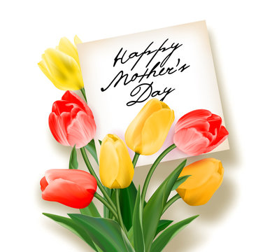 Bouquet of red and yellow tulips with a note inside and inscription Happy Mother's Day. Greeting card to Mothers Day. Vector realistic tulip flowers. Not trace.
