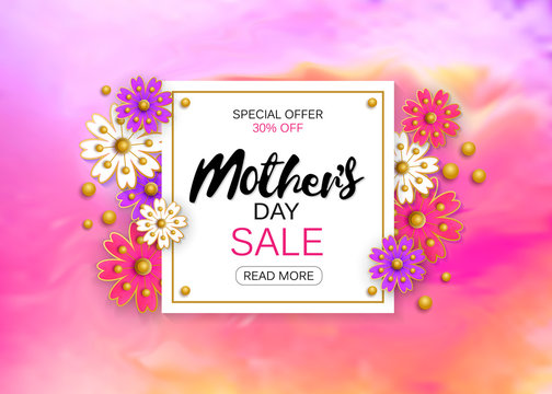 Mothers day sale background layout with beautiful colorful flower for banners, wallpaper, flyers, invitation, posters, brochure, voucher discount. Vector illustration template.