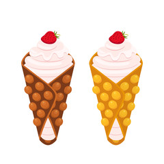 Sweet belgian waffle with strawberry for breakfast. Cartoon flat style.