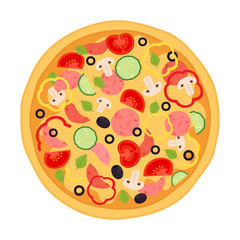 Pizza with meat, pepperoni, tomato, pepper, cucumber, mushroom, olive, basil.
