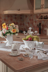 Kitchen surface table with utensils