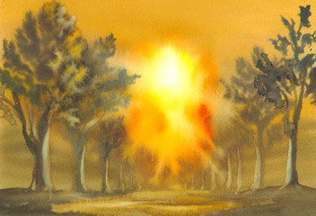 sunset in the park watercolor