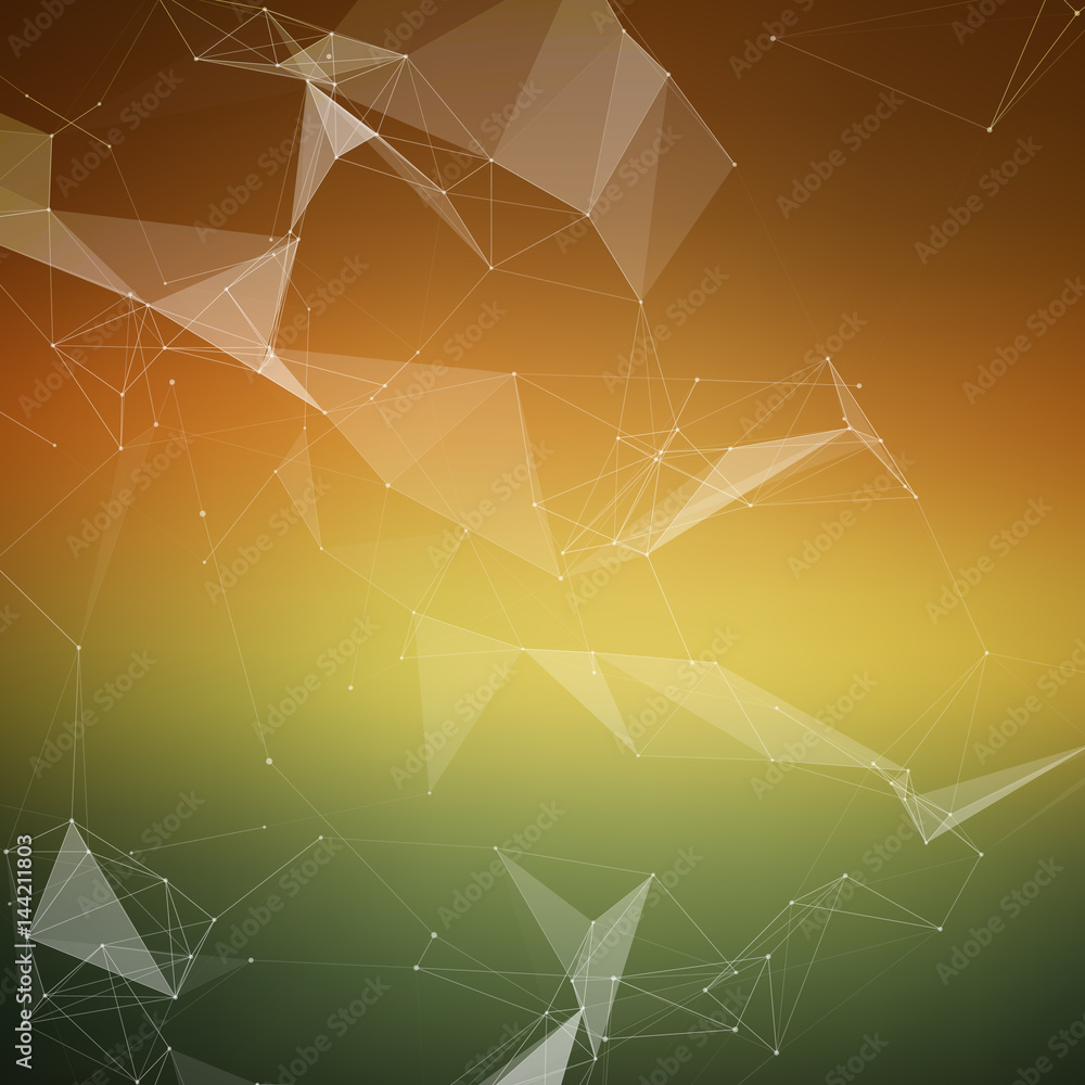 Poster abstract vector mesh background. chaotically connected points and polygons flying in space. flying d