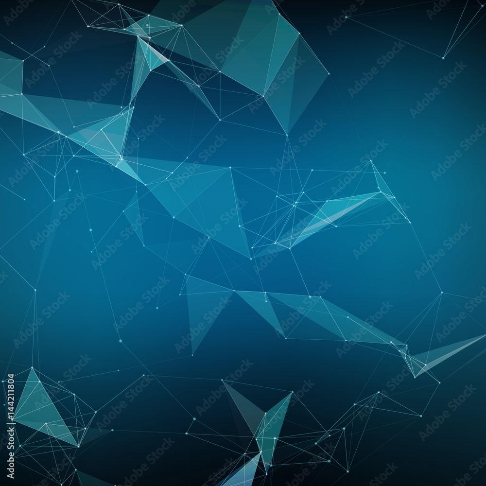Poster abstract vector mesh background. chaotically connected points and polygons flying in space. flying d