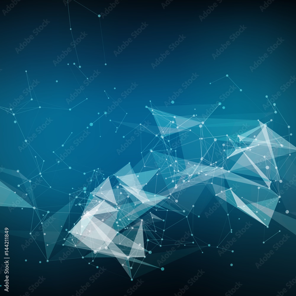 Poster abstract vector mesh background. chaotically connected points and polygons flying in space. flying d