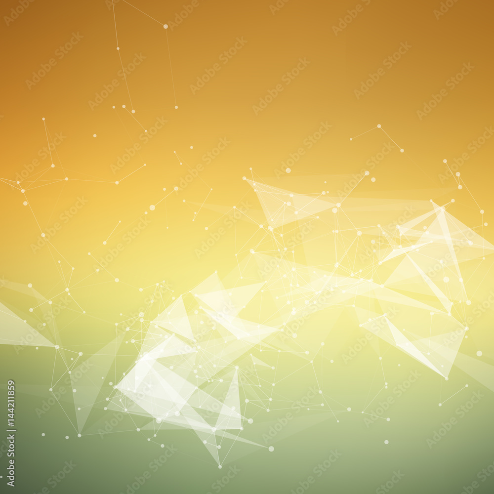 Poster abstract vector mesh background. chaotically connected points and polygons flying in space. flying d