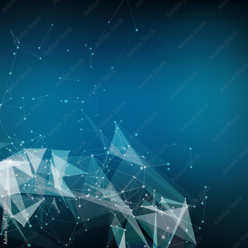 Poster abstract vector mesh background. chaotically connected points and polygons flying in space. flying d